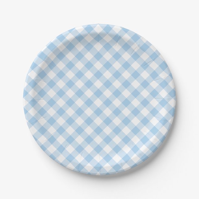 Retro Gingham Baby Blue Paper Plates (Front)