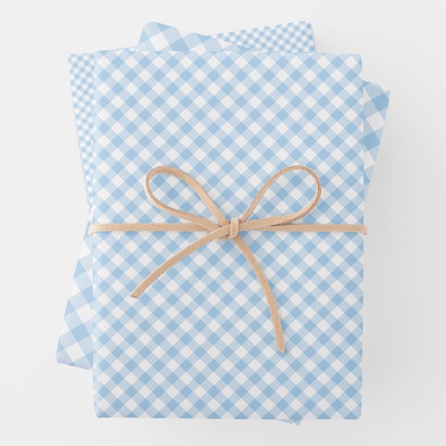 Retro Gingham Baby Blue Wrapping Paper Sheets (In situ)
