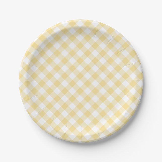 Retro Gingham Canary Yellow Paper Plates (Front)