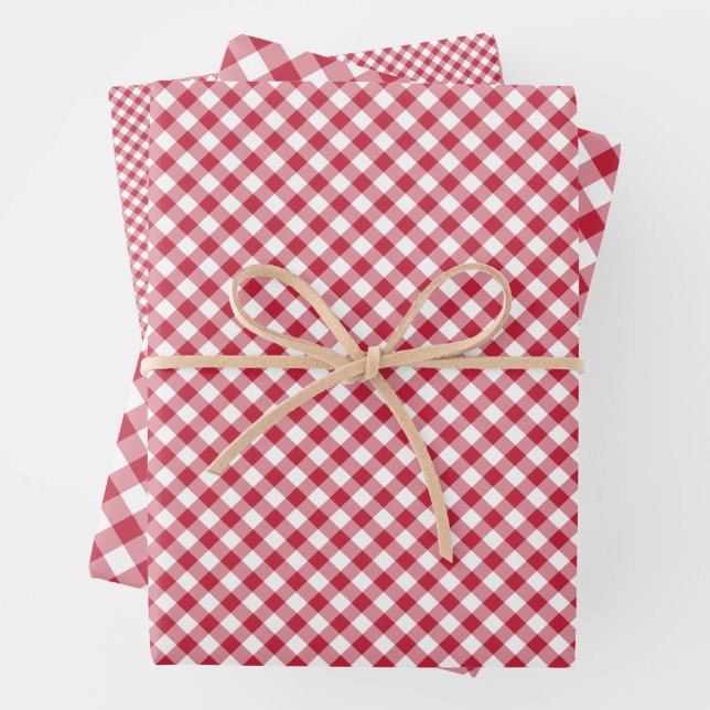 Retro Gingham Cherry Red Wrapping Paper Sheets (In situ)