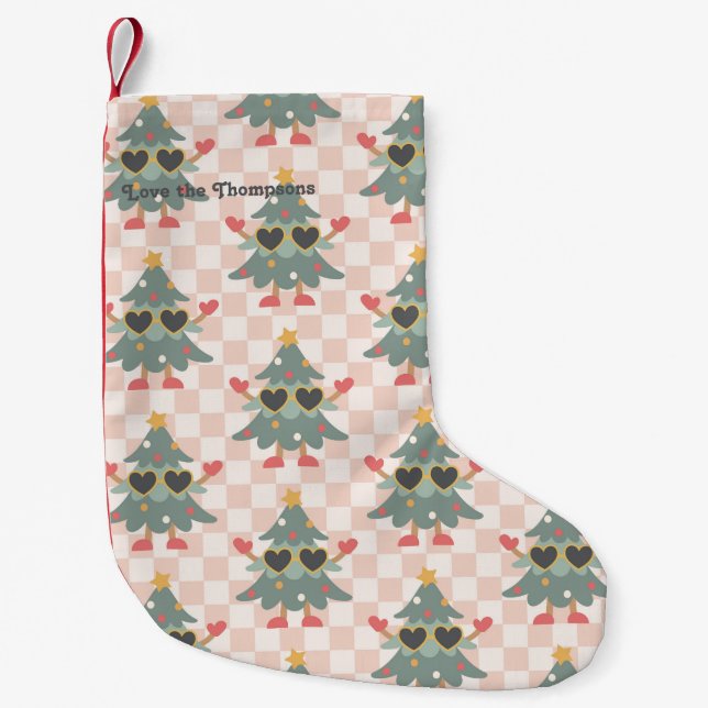 Retro Gingham Christmas Tree Personalized Small Christmas Stocking (Front)