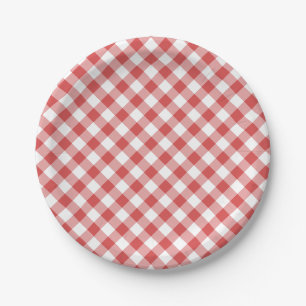 Retro Gingham Coral Red Paper Plates