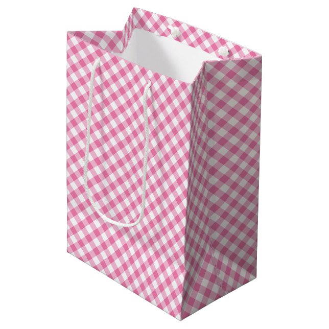 Retro Gingham Fuchsia Pink Medium Gift Bag (Front Angled)