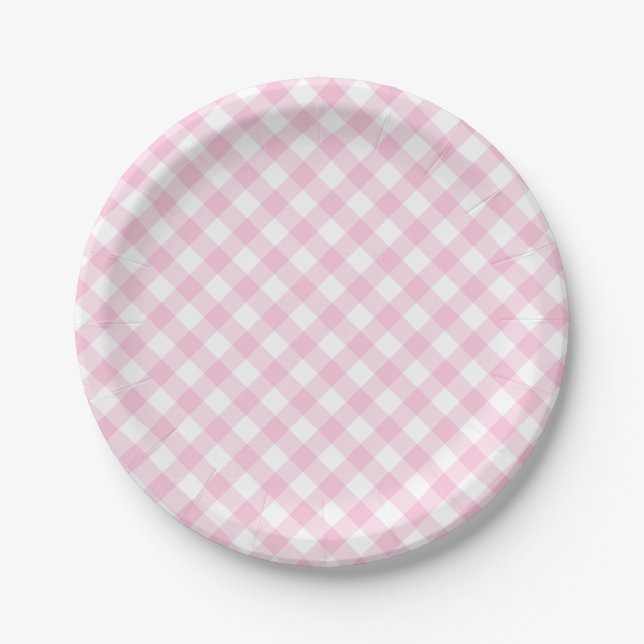 Retro Gingham Light Pink Paper Plates (Front)