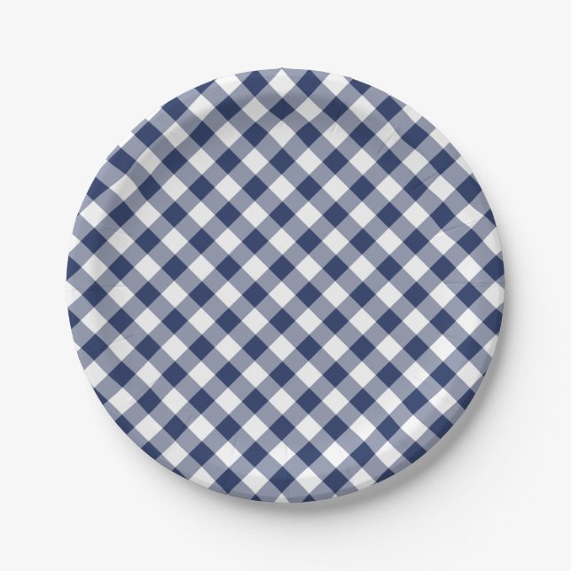 Retro Gingham Navy Blue Paper Plates (Front)