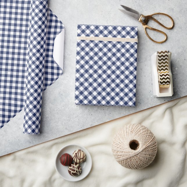 Retro Gingham Navy Blue Wrapping Paper (Crafts)