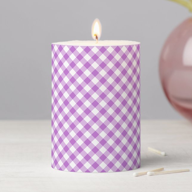 Retro Gingham Orchid Purple Pillar Candle (In Situ)