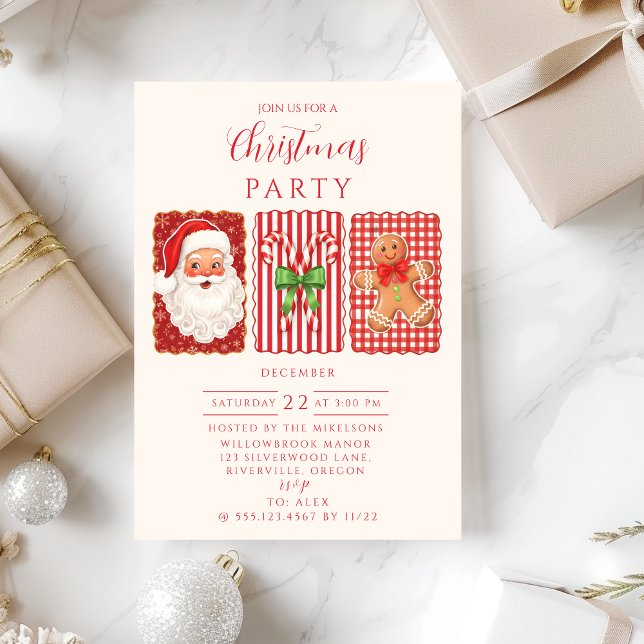 Retro Gingham Santa Gingerbread Christmas Invitation (Creator Uploaded)