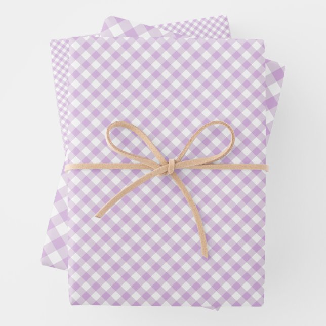 Retro Gingham Soft Lilac Wrapping Paper Sheets (In situ)