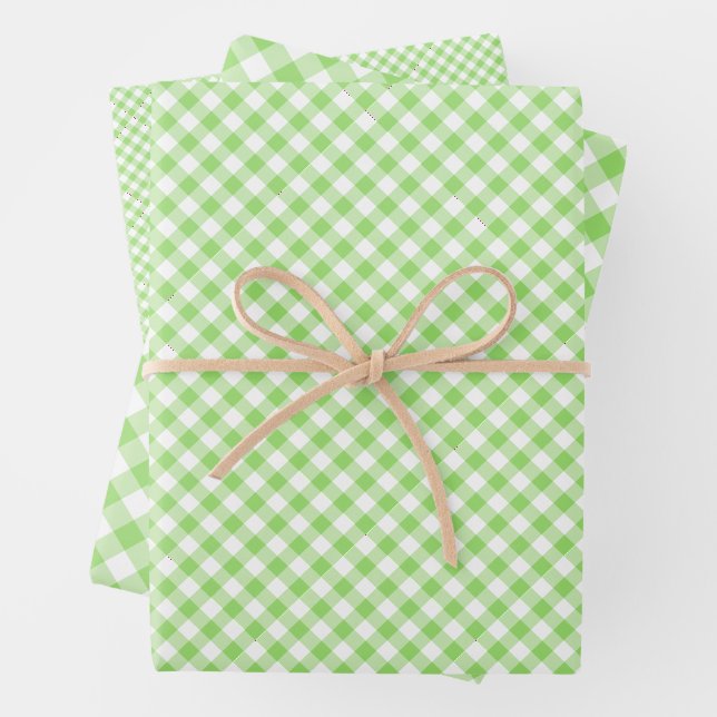 Retro Gingham Spring Green Wrapping Paper Sheets (In situ)