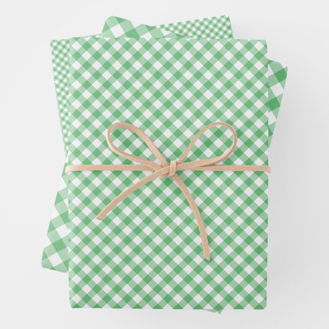 Retro Gingham Summer Green Wrapping Paper Sheets (In situ)