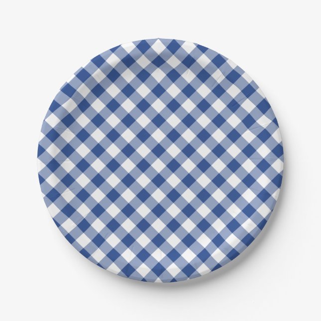 Retro Gingham True Blue Paper Plates (Front)