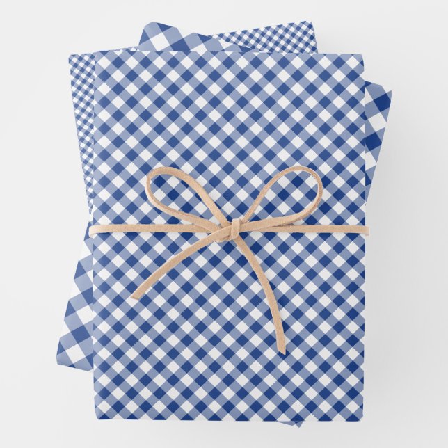 Retro Gingham True Blue Wrapping Paper Sheets (In situ)