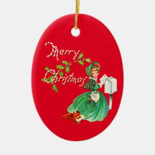 Retro Girl and Dog Old Fashioned Christmas Ceramic Ornament