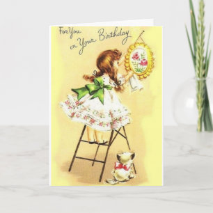 Retro Girl And Kitten Birthday Greeting Card