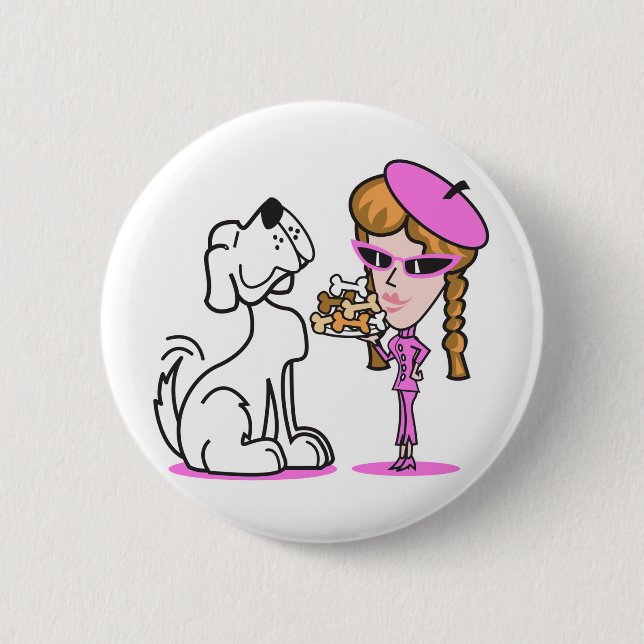 retro girl and pet dog pinback button (Front)