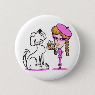 retro girl and pet dog pinback button