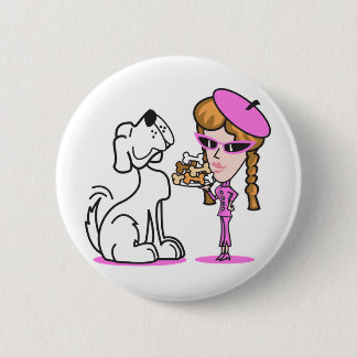 retro girl and pet dog pinback button