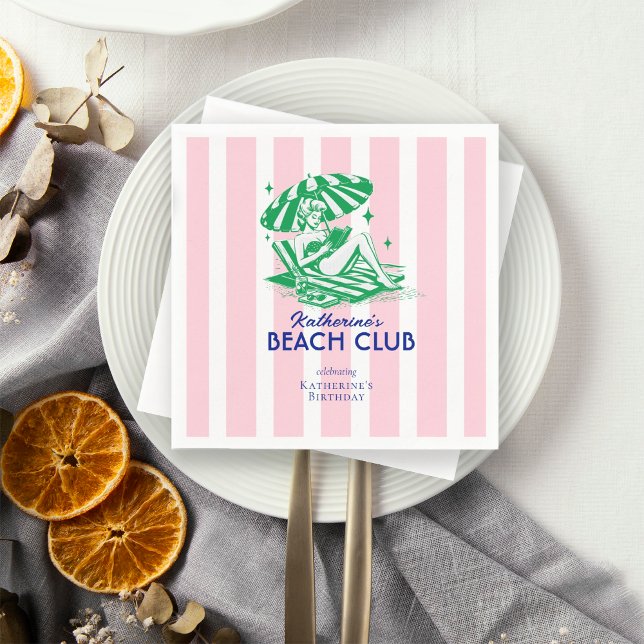 Retro Girl Beach Club Pink Stripes Birthday Napkins (Creator Uploaded)