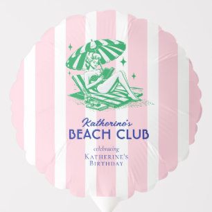 Retro Girl Beach Club Pink Stripes Birthday Party Balloon
