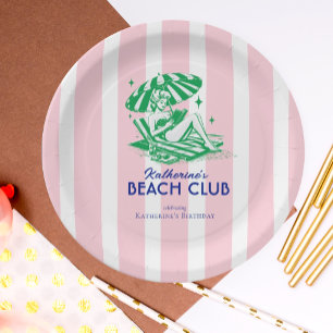Retro Girl Beach Club Pink Stripes Birthday Party Paper Plates