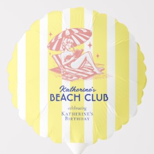 Retro Girl Beach Club Yellow Stripes Birthday Balloon