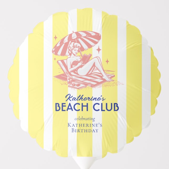 Retro Girl Beach Club Yellow Stripes Birthday Balloon (Front)