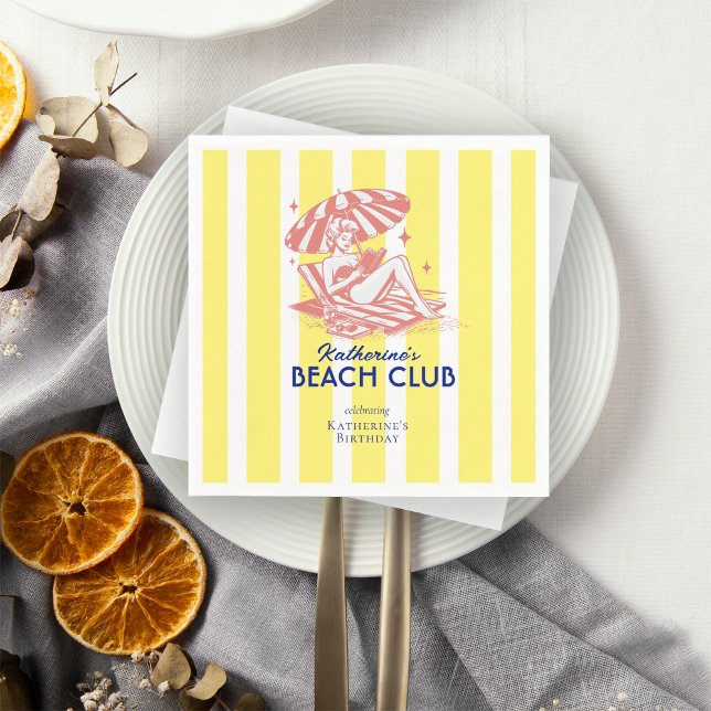 Retro Girl Beach Club Yellow Stripes Birthday  Napkins (Creator Uploaded)