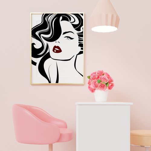 Retro Girl Beauty Salon Red Lips Vintage Portrait Poster