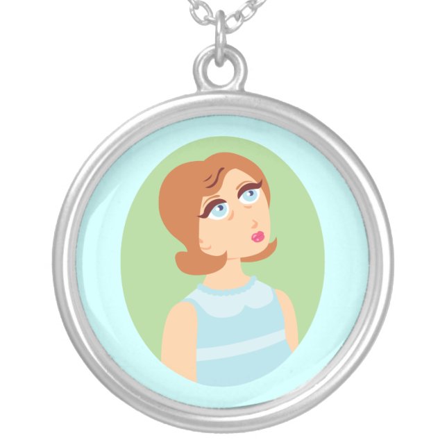 Retro Girl Blue Silver Plated Necklace (Front)