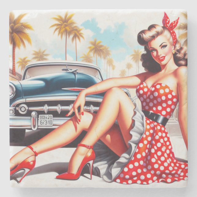 Retro Girl Classic Pin Up Stone Coaster (Front)