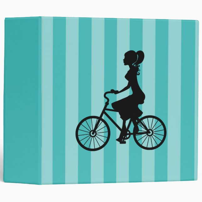 Retro Girl Cyclist Silhouette on Turquoise Stripes 3 Ring Binder (Front/Spine)