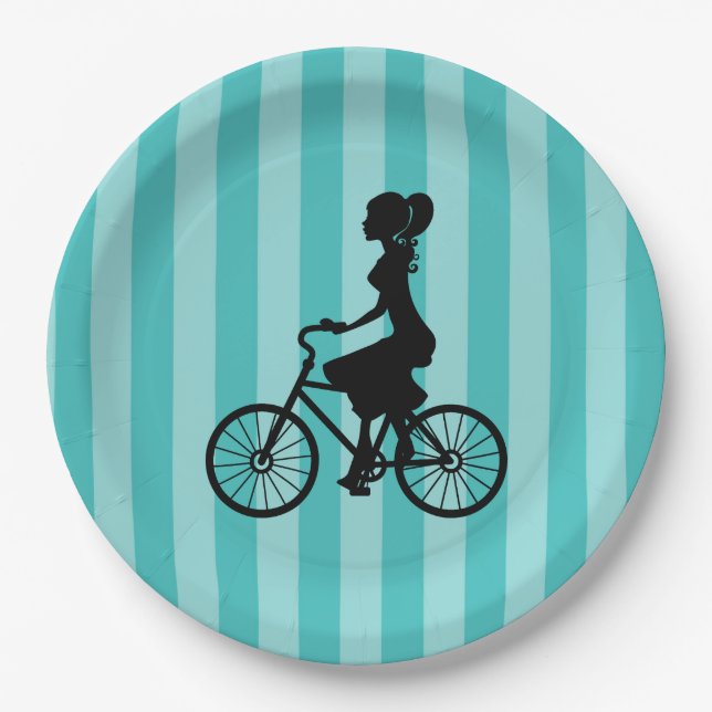 Retro Girl Cyclist Silhouette Paper Plates (Front)