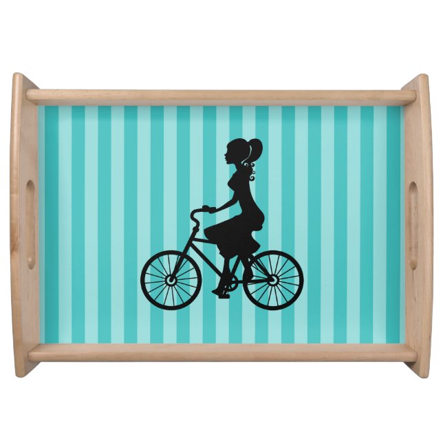 Retro Girl Cyclist Silhouette Serving Tray (Front)