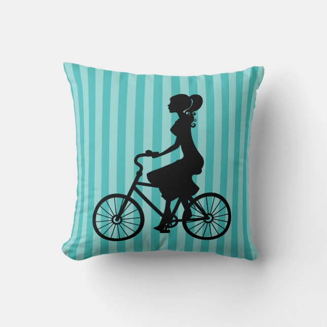 Retro Girl Cyclist Silhouette Throw Pillow (Front)
