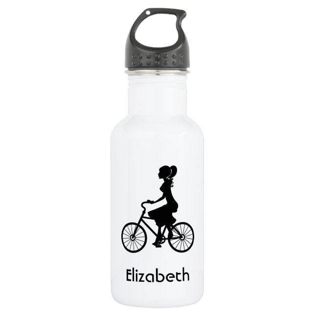 Retro Girl Cyclist Silhouette Water Bottle (Front)