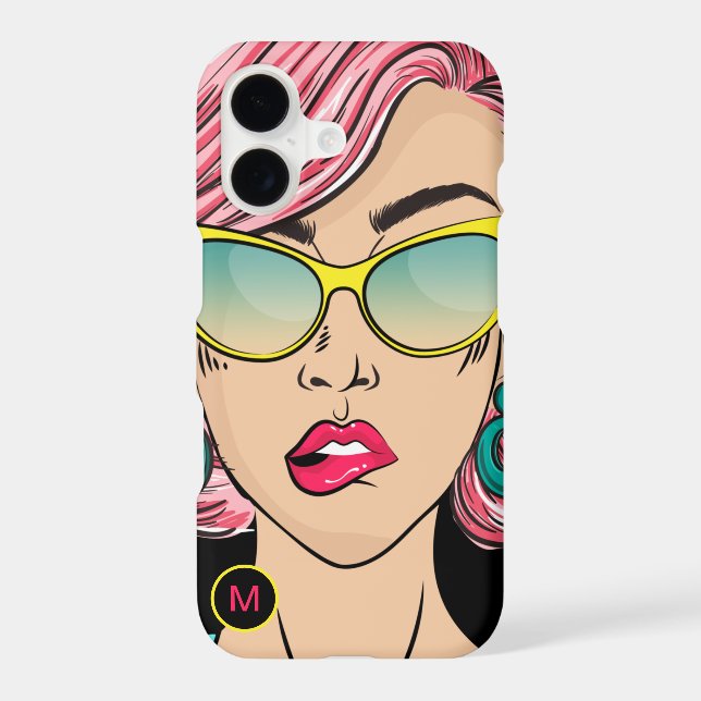 Retro Girl Funny Face Monogram Initial Black iPhone Case (Back)