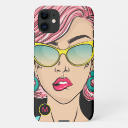 Retro Girl Funny Face Monogram Initial Black iPhone 11 Case