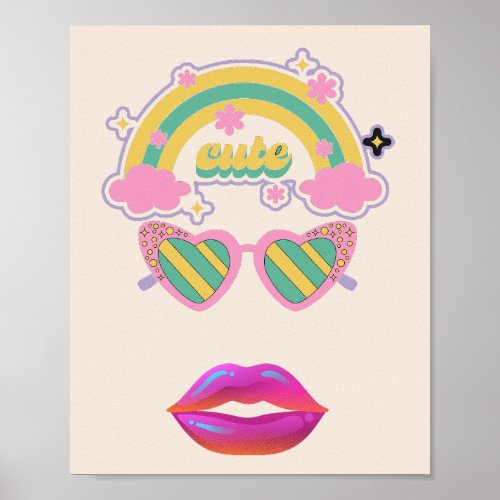 Retro Girl Illustration with colorful rainbow Poster