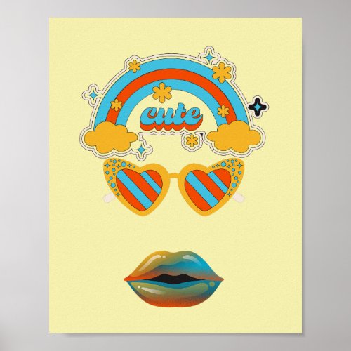 Retro Girl Illustration with colorful rainbow Poster