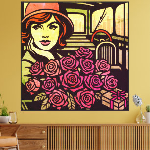 Retro Girl in Vintage Car with Roses Canvas Print