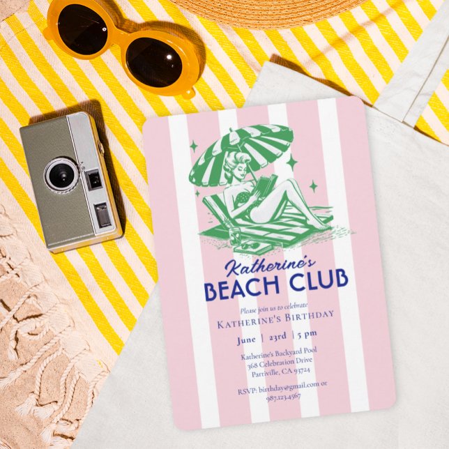 Retro Girl Pink Stripes Beach Club Birthday Party Invitation (Creator Uploaded)