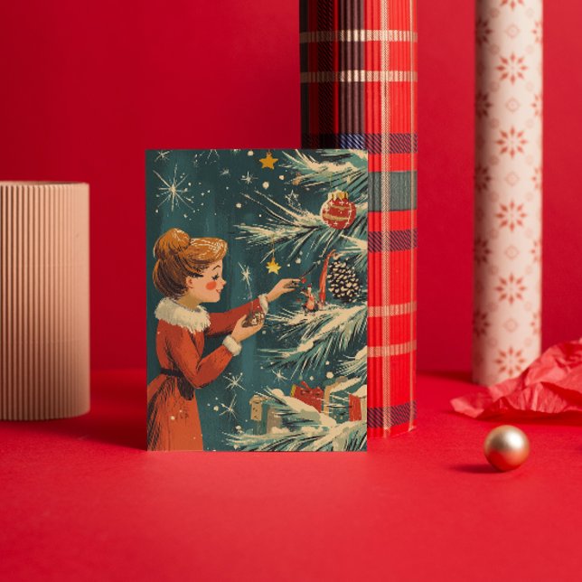 Retro Girl Red Dress Decorating Christmas Tree Holiday Card (Creator Uploaded)
