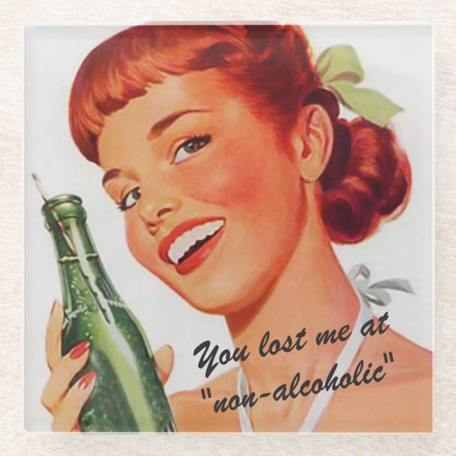 Retro Girl Soda Advert Custom Slogan Glass Coaster (Front)