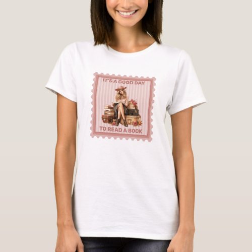 Retro girl with dusty pink roses reading a book T_Shirt