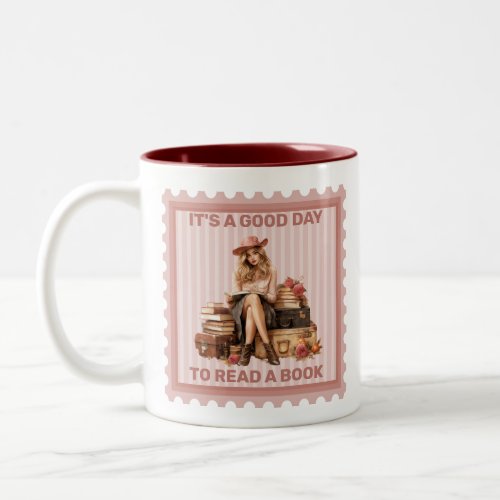 Retro girl with dusty pink roses reading a book Two_Tone coffee mug