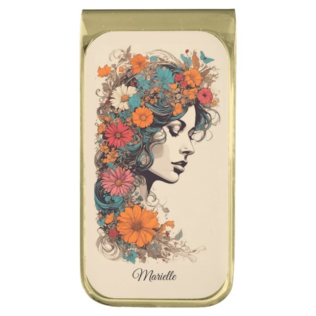 Retro Girl with Flowers in her hair Gold Finish Money Clip (Front Vertical)