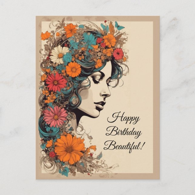 Retro Girl with Flowers in her hair Postcard (Front)