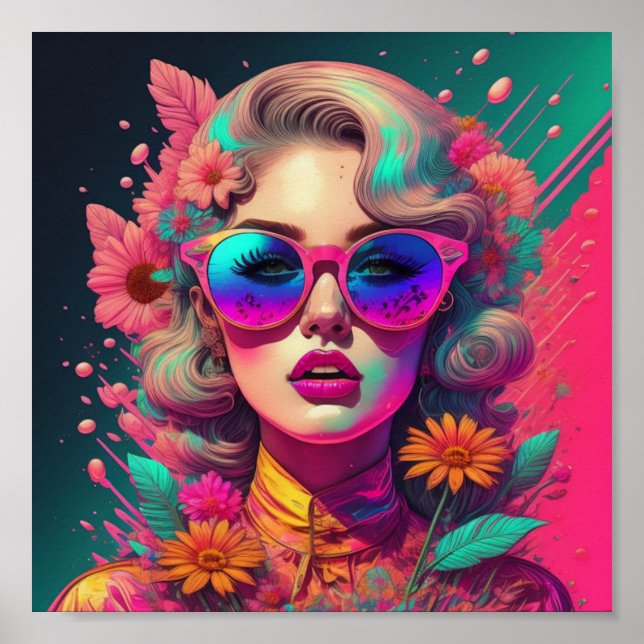 Retro girl with sunglasses and flowers poster (Front)
