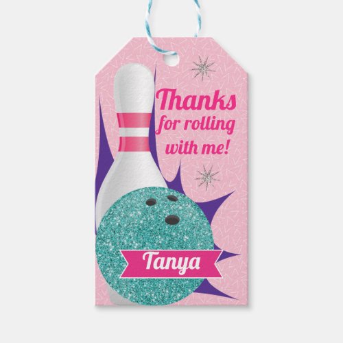 Retro Girls Glitter Bowling Tenpin Party Gift Tags